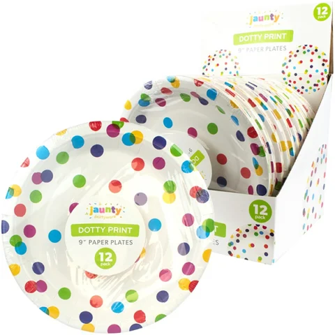 Jaunty Coloured Dotty Print Paper Plates 9" 12 Pack