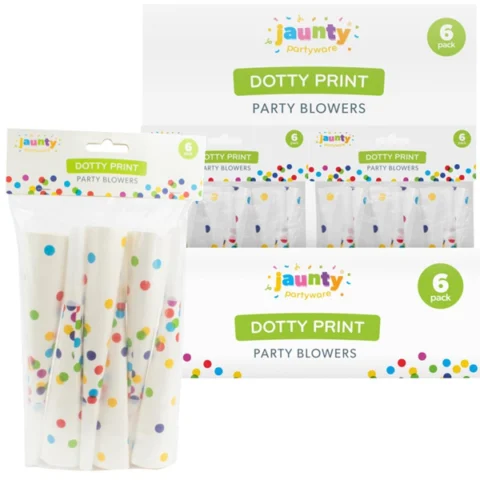 Jaunty Coloured Dotty Print Party Blowers 7.5" 6 Pack