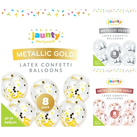 Jaunty Metallic Latex Confetti Balloons 8 Pack Assorted Colours