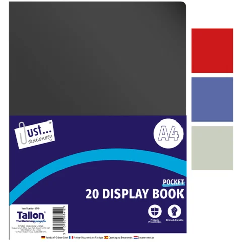 Just Stationery A4 20 Pocket Display Book Assorted Colours