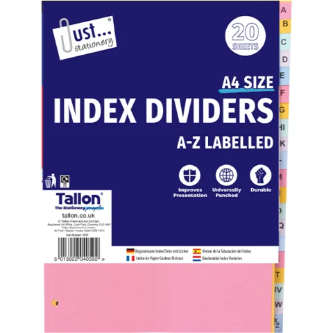 Just Stationery A4 Assorted Colour A-Z Index Dividers 20 Pack