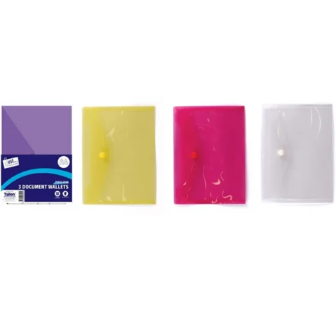Just Stationery A4 Document Stud Wallets 3 Pack Assorted Colours