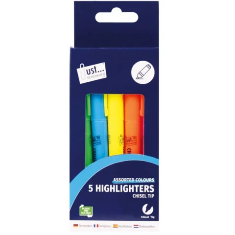 Just Stationery Assorted Bright Chisel Tip Highlighter Pens 5 Pack