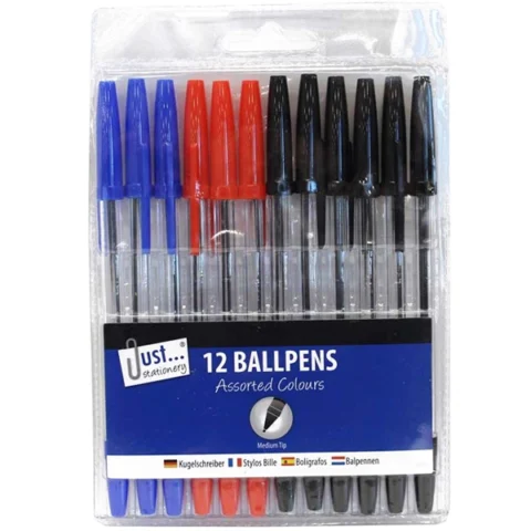 Just Stationery Assorted Colour Ballpoint Pens 12 Pack