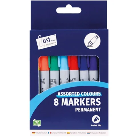 Just Stationery Assorted Colour Bullet Tip Permanent Markers 8 Pack
