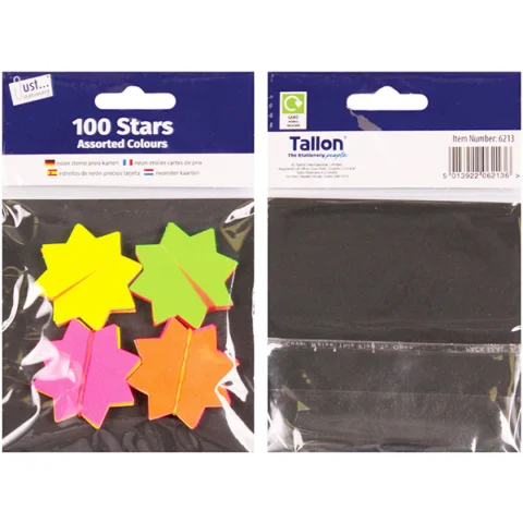 Just Stationery Assorted Colour Fluorescent Card Stars 4.2cm 100 Pack