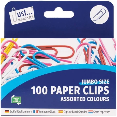 Just Stationery Assorted Colour Jumbo Paper Clips 100 Pack
