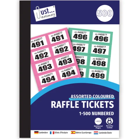 Just Stationery Assorted Colour Numbered Raffle Tickets 1-500