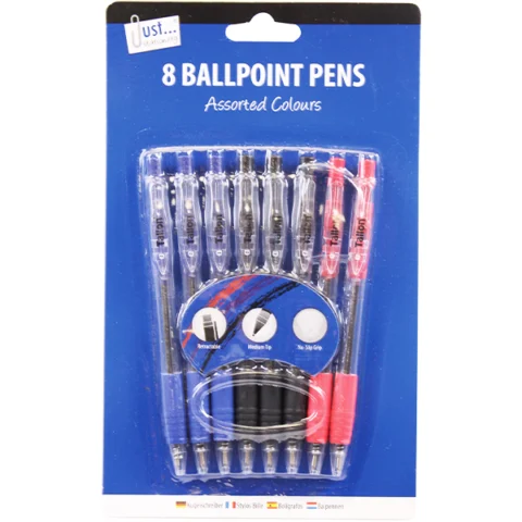 Just Stationery Assorted Colour Retractable Ballpoint Pens 8 Pack