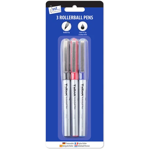 Just Stationery Assorted Colour Rollerball Pens 3 Pack