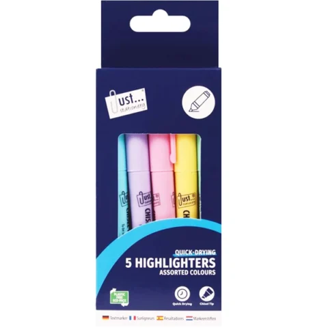Just Stationery Assorted Pastel Chisel Tip Highlighter Pens 5 Pack