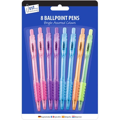 Just Stationery Assorted Pastel Colours Ballpoint Pens 8 Pack