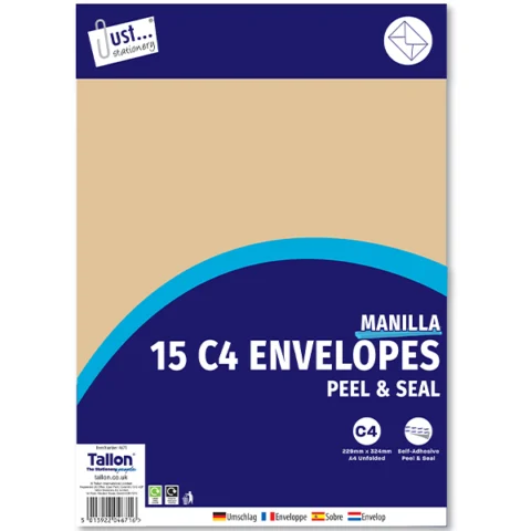 Just Stationery C4 Manilla Peel & Seal Envelopes 15 Pack