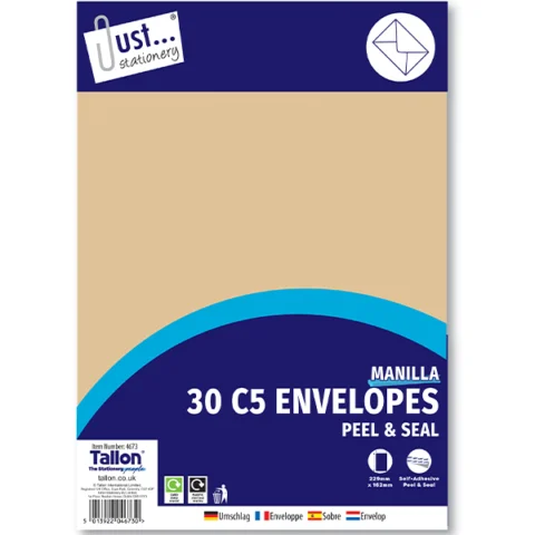 Just Stationery C5 Manilla Peel & Seal Envelopes 30 Pack