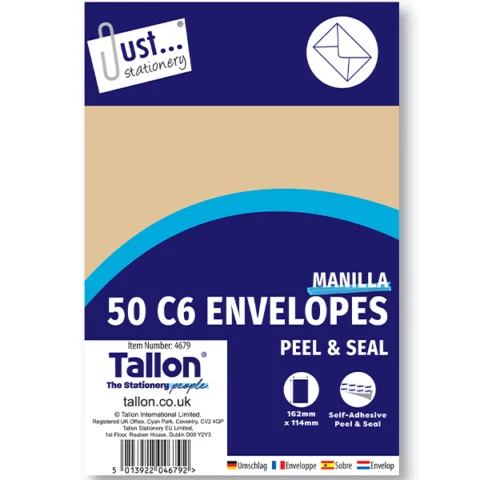 Just Stationery C6 Manilla Peel & Seal Envelopes 50 Pack