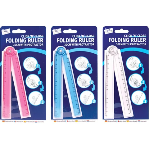 Just Stationery Click 'n' Close Folding Ruler & Protractor 30cm Assorted Colours
