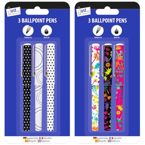 Just Stationery Designer Black Ink Ballpoint Pens 3 Pack Assorted