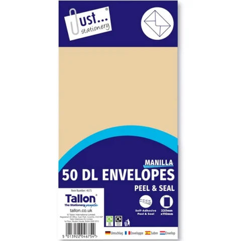 Just Stationery DL Manilla Peal & Seal Envelopes 229mm X 110mm 50 Pack