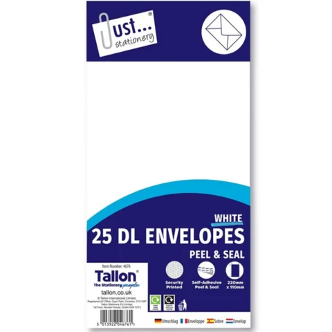 Just Stationery DL Peel & Seal Envelopes 220mm X 110mm 25 Pack
