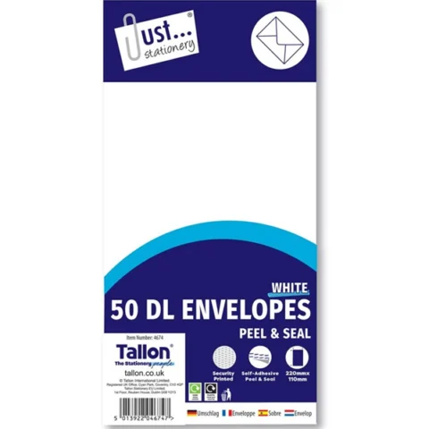 Just Stationery DL White Peel & Seal Envelopes 220mm X 11mm 50 Pack