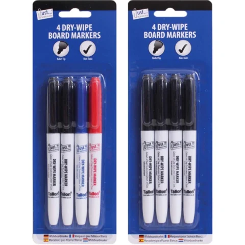 Just Stationery Dry-Wipe Board Markers 4 Pack Assorted Colours
