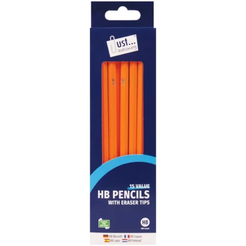 Just Stationery Eraser Tipped HB Pencils 15 Pack