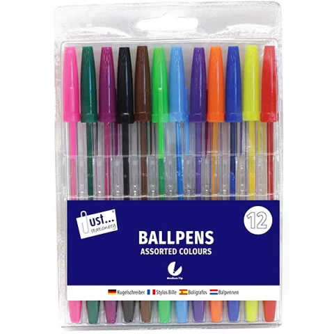 Just Stationery Multicoloured Ballpoint Pens 12 Pack