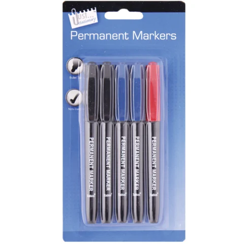 Just Stationery Permanent Markers Assorted Colours 5 Pack