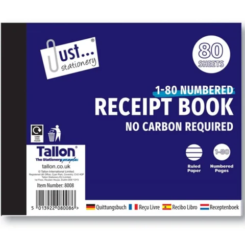 Just Stationery Receipt Book 80 Numbered Pages