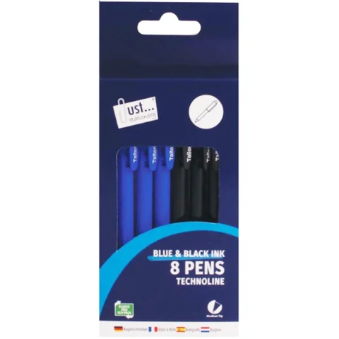Just Stationery Technoline Black & Blue Ink Pens 8 Pack