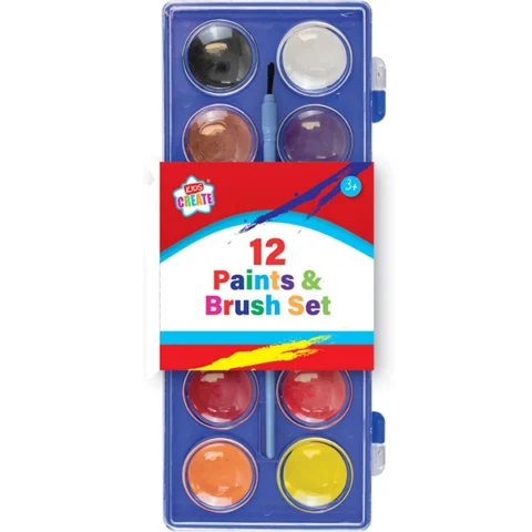 Kids Create Assorted Colour Paints & Paint Brush Set 12 Pack