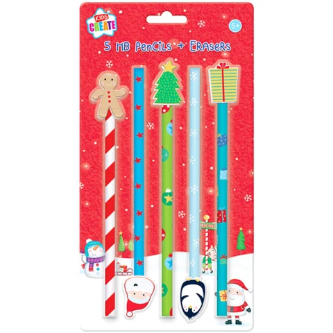 Kids Create Christmas HB Pencils With Erasers 5 Pack Assorted