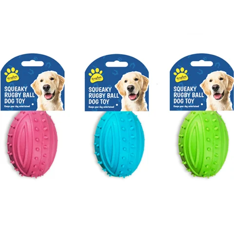 Kingdom Rubber Squeaky Rugby Ball Dog Toy Assorted Colours