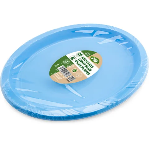 Light Blue Plastic Oval Plates 26cm 5 Pack