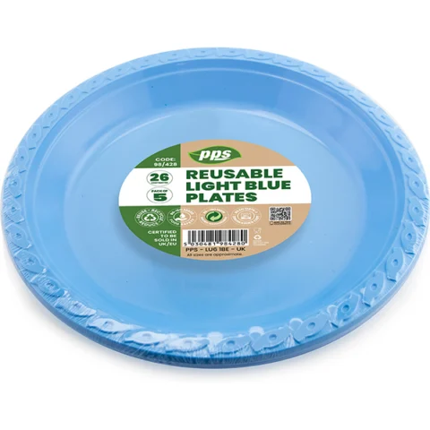 Light Blue Plastic Reusable Plates 26cm 5 Pack