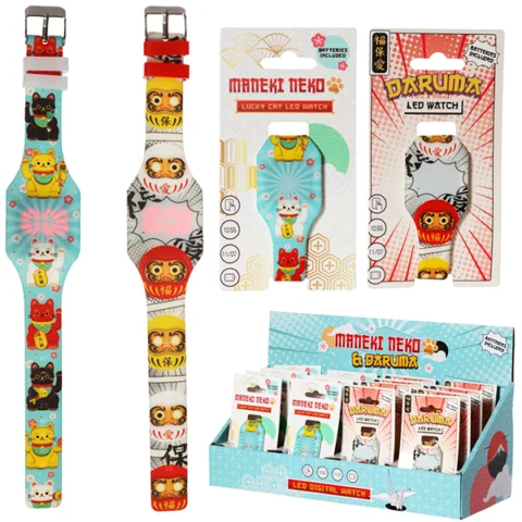 Maneki Neko Lucky Cat & Japanese Daruma Silicone LED Digital Watch Assorted