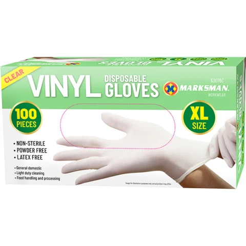 Marksman Clear Vinyl Powder-Free Disposable Gloves Extra Large 100pc