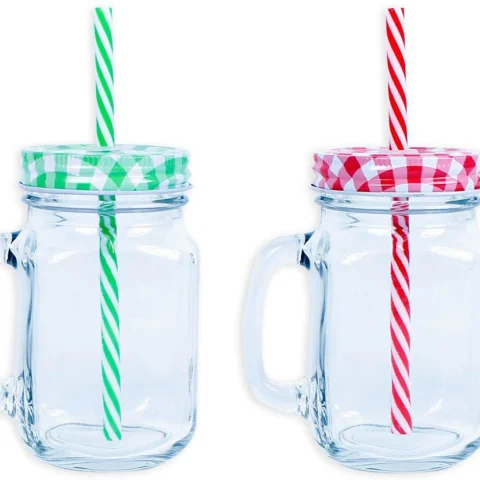 Mason Jar With Lid & Straw 450ml 4 Assorted Colours