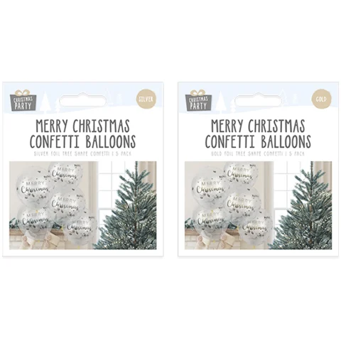 Merry Christmas Silver & Gold Confetti Balloons 5 Pack Assorted