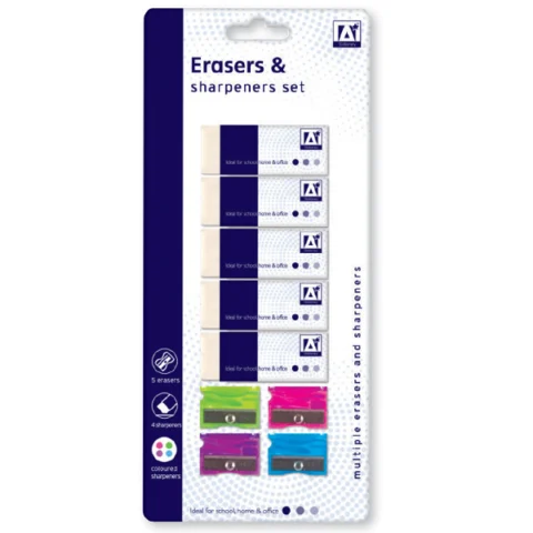 Multiple Erasers & Pencil Sharpeners Assorted Colours Set