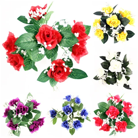Open Rose Bush Artificial Flowers Assorted Colours