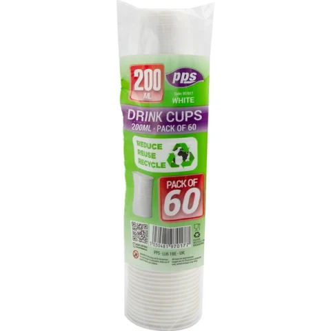 Party Solutions White Disposable Plastic Cups 200ml 60 Pack