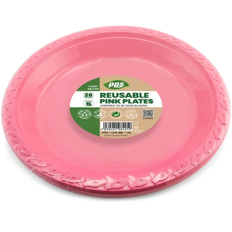 Pink Plastic Reusable Plates 26cm 5 Pack