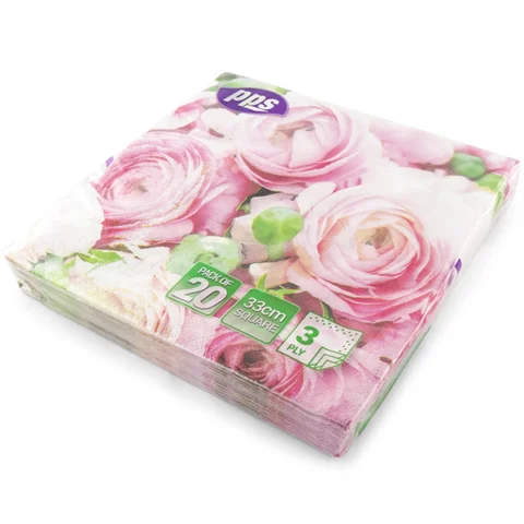 Pink Roses & Green Leaf 3 Ply Paper Napkins 33cm 20 Pack