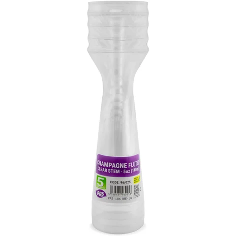 PPS Clear Stem Plastic Champagne Flute 140ml 5 Pack