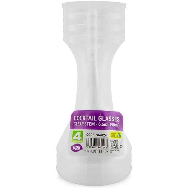 PPS Clear Stem Plastic Reusable Cocktail Glasses 190ml 4 Pack