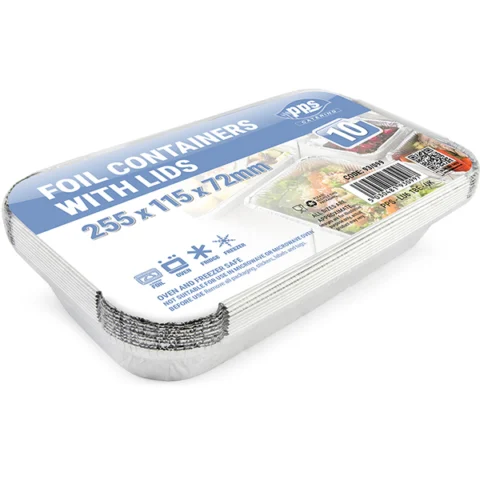 PPS Foil Food Container with Lid 10 Pack 22.5cm X 11.5cm X 7.2cm