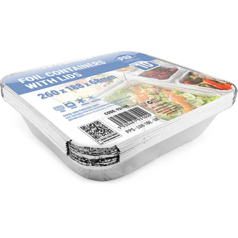 PPS Foil Food Container with Lid 10 Pack 26cm X 18.8cm X 6.8cm