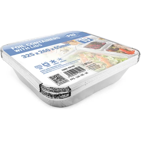 PPS Foil Food Container with Lid 10 Pack 32.5cm X 26cm X 6.5cm