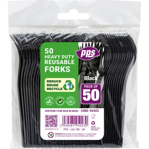PPS Heavy Duty Reusable Black Plastic Forks 50 Pack